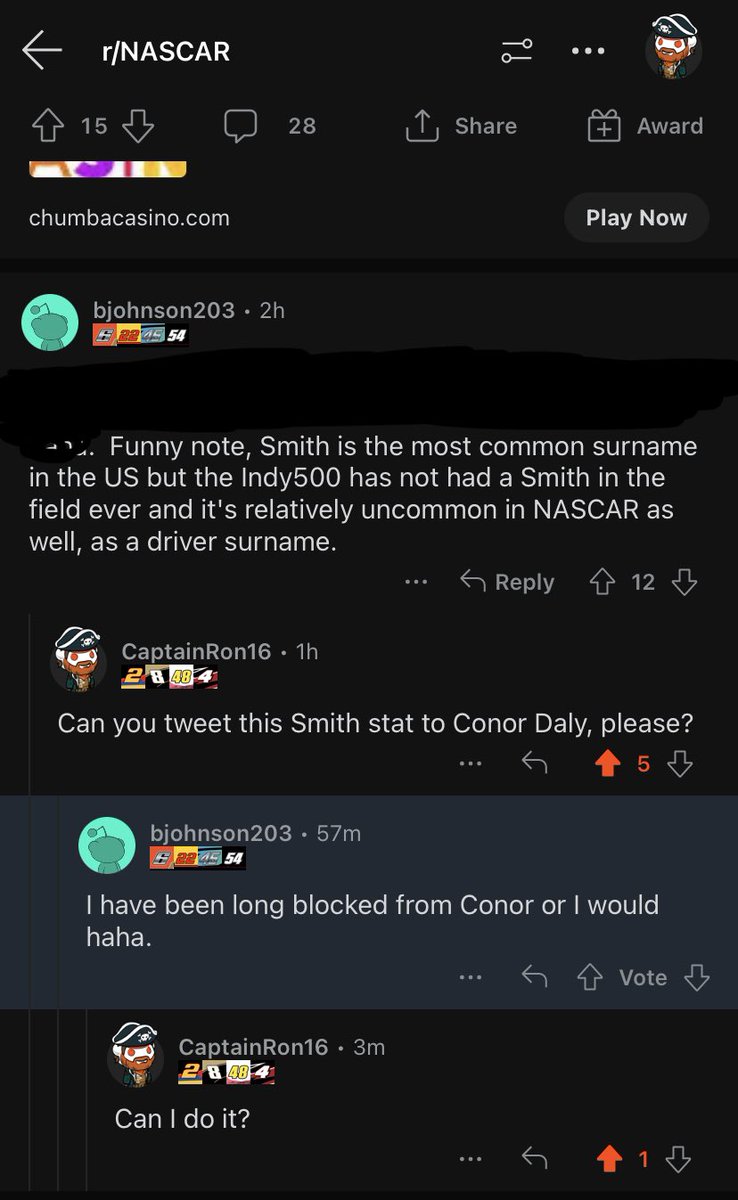 Hey <a href="/ConorDaly22/">Conor Daly</a> <a href="/JoeyMulinaro/">Joey</a>, here is a stat for the Ricky T. Random Indy 500 Driver of the week! Smith. Smith. Smith. Smith. Smith. #Smith