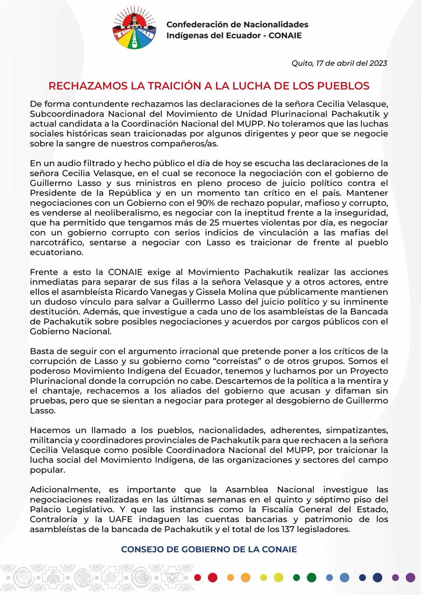 ecuainm_oficial's tweet photo. ‼️#URGENTE
Mediante un comunicado, la @CONAIE_Ecuador rechaza las declaraciones de la subcoordinadora @Cecivelasque y exige a @PKnacional18 que la expulse de sus filas al igual que a los asambleístas @Ricardo_Vanegas y Gissella Molina por traición al movimiento indígena. https://t.co/Ndl08YkSKR