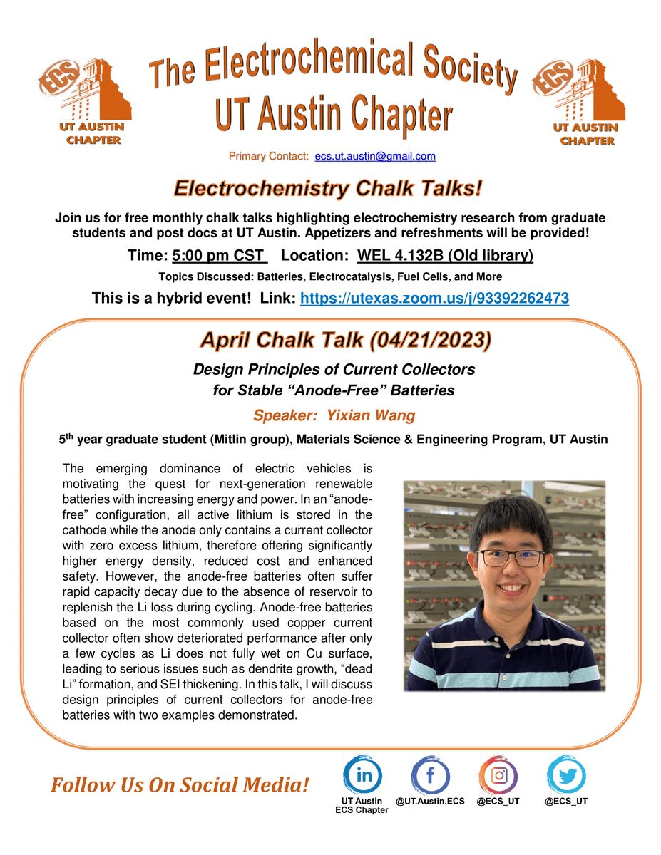 ecs_ut's tweet photo. Howdy Electrochemistry Community! 
Join us next Friday for April's electrochemistry chalk talk! Yixian Wang from the Mitlin Group will show us how to design current collectors for anode-free batteries. You can also watch the event through Zoom and our official Facebook page! https://t.co/Vh0ccgrir4