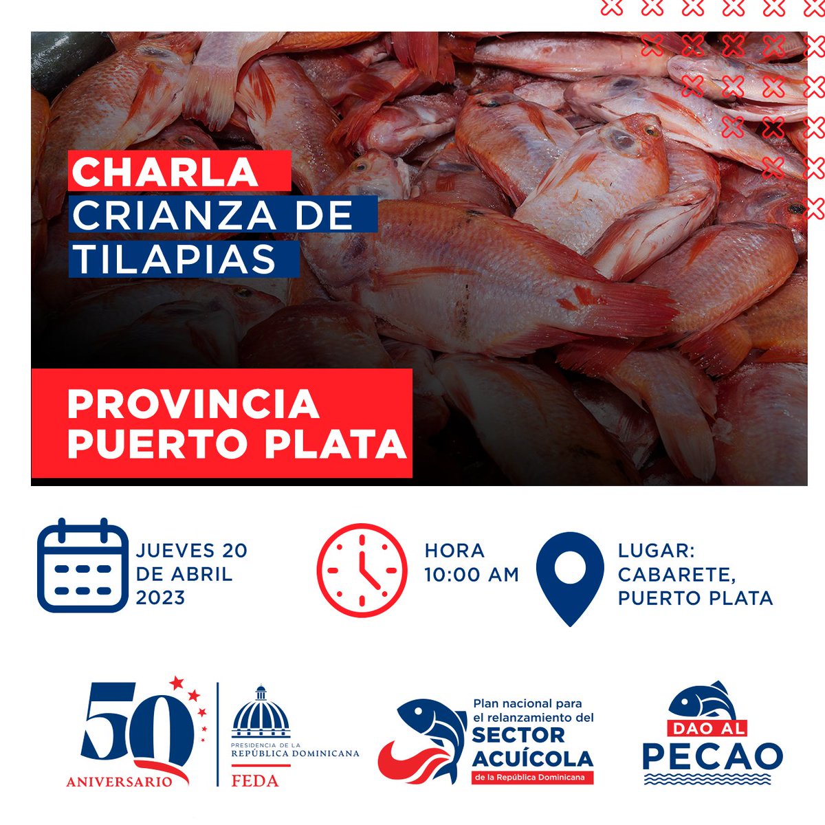 Feda_RD's tweet photo. ¡ATENCIÓN Acuicultores y emprendedores de la Provincia Puerto Plata!
Este jueves 20 de abril 2023 tendremos la Charla de Crianza de Tilapias en 📍Cabarete a partir de las 10:00 AM
¡Te esperamos!
#daoalpecao #fedard https://t.co/2OtCtBBGrI