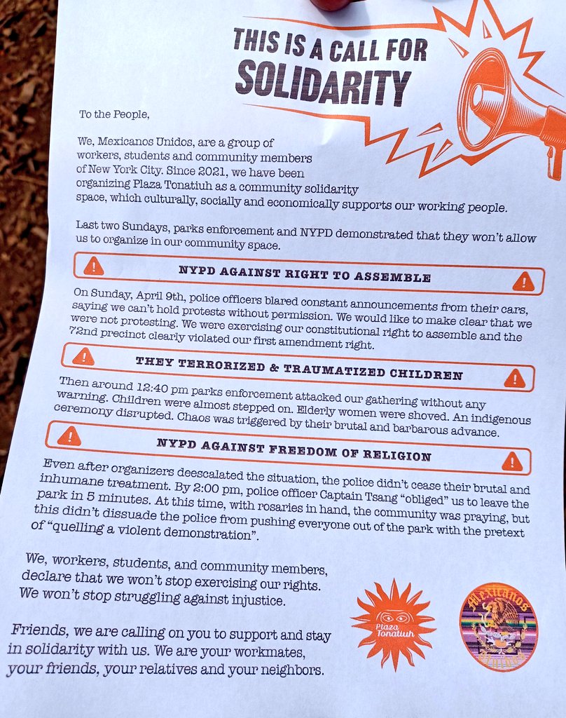 AshAgony's tweet photo. A large coalition of groups showed up in the park in Sunset Park, Brooklyn yesterday to play drums, speak out, &amp; show solidarity w/ Plaza Tonatiuh. The Plaza has faced intense repression by NYPD &amp; NYC Parks cops recently. Only a handful of NYPD cops were visible yesterday though. https://t.co/VJFktrT7JC
