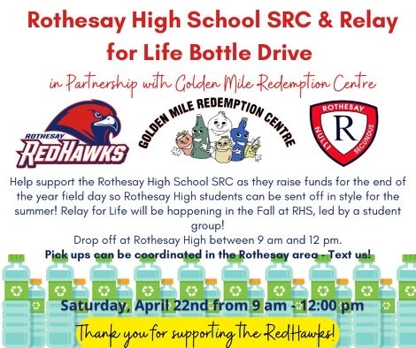 RothesayHigh_SRC (@rhsredhawks_src) on Twitter photo It's spring time which means it's time for a spring cleanup! Bring your extra bottles and cans to <a href="/RothesayHigh/">Rothesay High School</a> this weekend and support our SRC and Relay for Life! It's spring time which means it's time for a spring cleanup! Bring your extra bottles and cans to <a href="/RothesayHigh/">Rothesay High School</a> this weekend and support our SRC and Relay for Life!