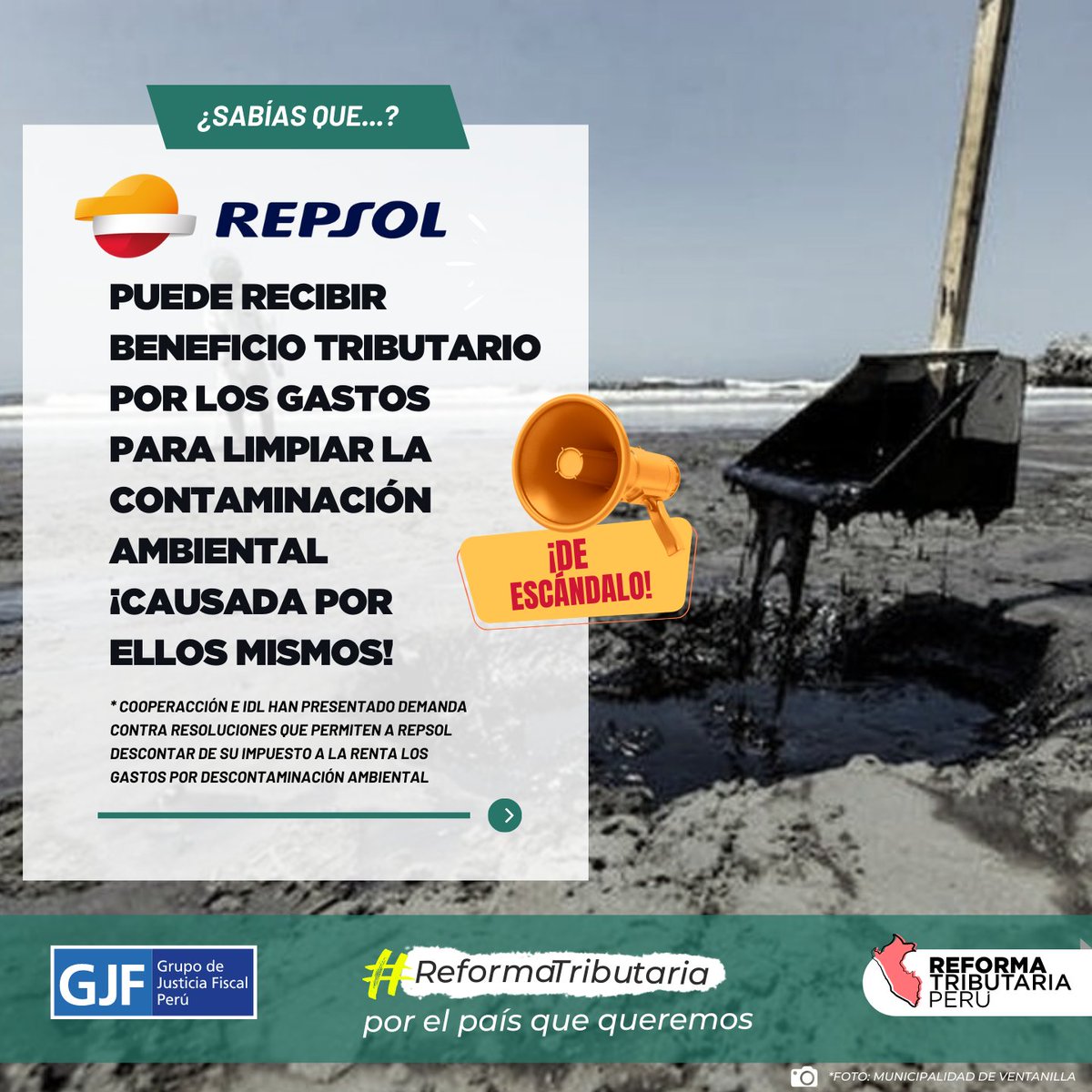 TributariaYa's tweet photo. ⚠ ¡Indignante! Tras el desastre ambiental causado por @repsol_peru en mar del Callao, ahora podrían beneficiarse fiscalmente por limpiarlo. @CooperAccionPER e IDL dicen ¡BASTA!
📌 Más info 👉 https://t.co/ONMQ2gccFH
#ReformaTributaria #JusticiaTributaria #RepsolContamina #Repsol https://t.co/3Wp0Nza00s