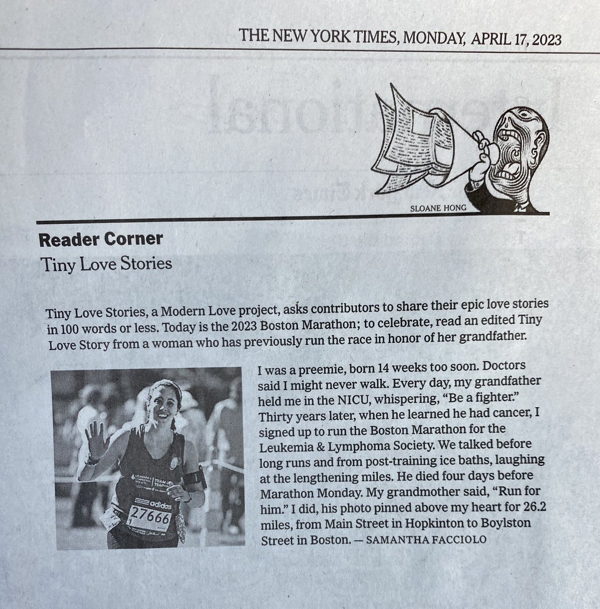 seesamwrite's tweet image. Today, on #MarathonMonday and the anniversary of my grandfather’s passing, I am deeply touched and thrilled to see my words in print in @nytimes Tiny Love Stories. Many thanks to @yayamilee 
#BostonMarathon @LLSusa @teamintraining @NYUCWP @bostonmarathon 

nytimes.com/2023/04/11/sty…