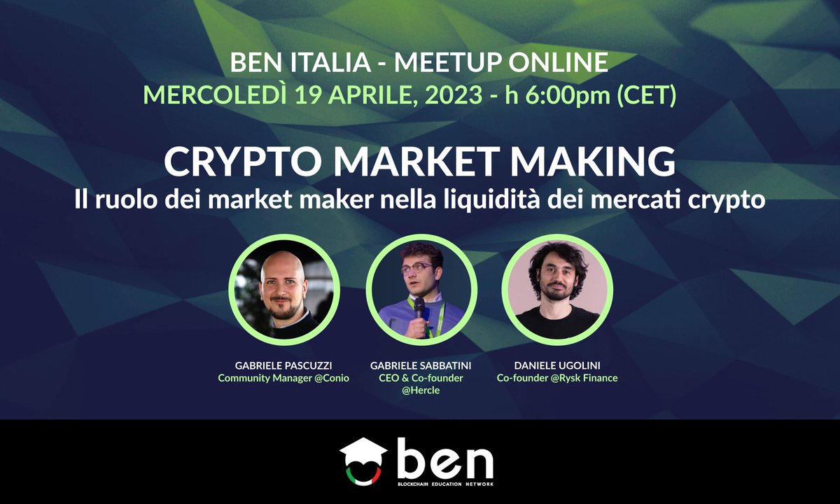 📅 Mercoledì 19 Aprile, dalle 18:00, torniamo con un nuovo meetup online su #Crypto Market Making

📊 Con <a href="/DanDeFiEd/">Dan Rysk</a> e Gabriele Sabbatini parleremo dell'importanza che hanno i market maker sulla liquidità nei mercati crypto

👉Iscriviti: bit.ly/3GRZTSy
#BlockchainEdu