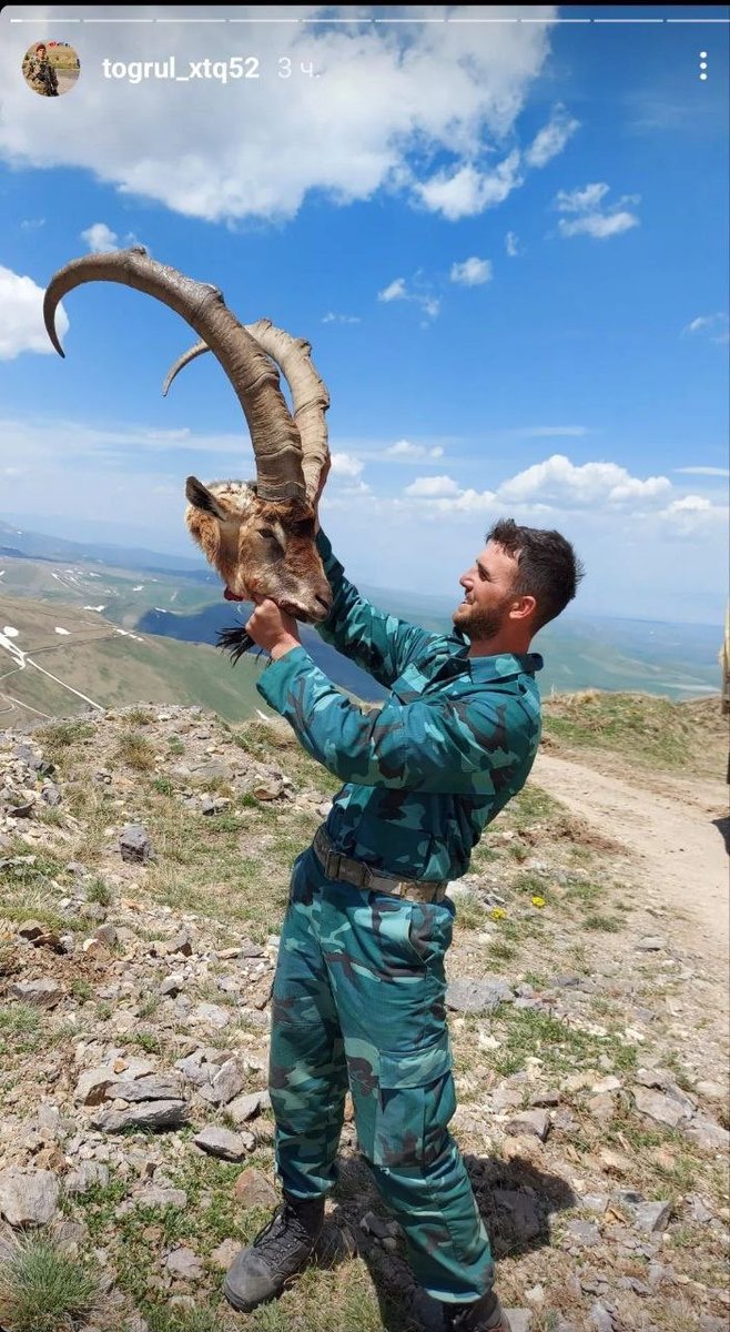 Sep 2022, Jermuk direction.
#VictoriousAzerbaijaniHeroes poses with the severed head of an🇦🇲mouflon being on the verge of extinction&amp;included in the ⁦⁦<a href="/IUCNRedList/">IUCN Red List</a>⁩
Meanwhile🇦🇿i #FakeEcologists are 
busy blockading &amp; starving 120K ppl of #Artsakh via ⁦<a href="/Infoteka_24/">Инфотека 24 Армения - Азербайджан</a>⁩