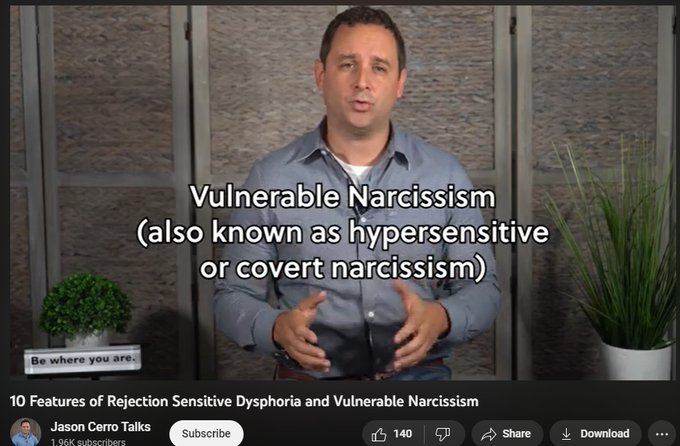 3,084 views  17 Sept 2021  Five Factor Model Playlist
#RSD #ADHD #Narcissism
Rejection Sensitive Dysphoria (a common symptom or an aspect of ADHD) in which someone experiences extreme emotional pain due to feeling shame and experiencing perceived or real rejection. Once the rejection is experienced or conceptualized, this is where the disproportionate response comes in. There can be big, intense, and debilitating responses to the pain. There is a sensitivity to criticism and an overarching fear of failure and not living up to expectations. Intense bouts of rage can occur when their feelings are hurt. Ind with RSD are their own harshest critics, believe that no one likes them, are people pleasers to gain acceptance and approval, avoid harder tasks for fear of failure, and dedicate their time to be a perfectionist. Those with RSD may hide their feelings from others and feel ashamed of their vulnerability, sensitive sides, and emotional dysregulation, which is one of the executive functio