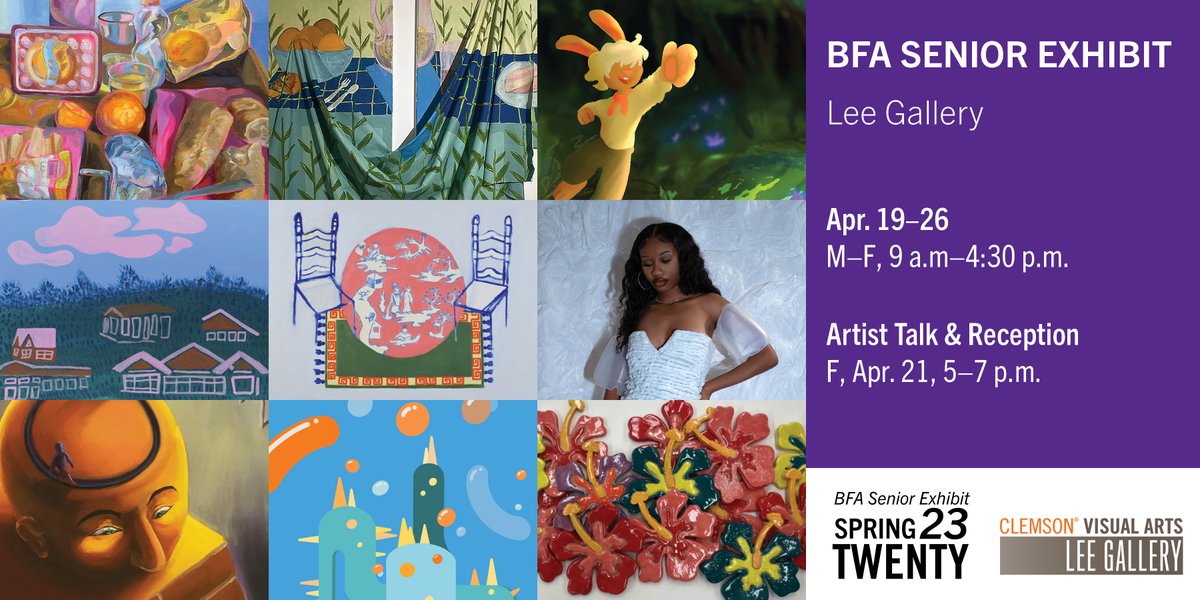 The Lee Gallery is unveiling Bachelor of Fine Arts Senior Exhibit this Wednesday, April 19. We look forward to welcoming friends and family to the Artist Talks &amp; Reception this Friday, April 21, 5–7 p.m.

Apr. 19–26 • M–F, 9 a.m.–4:30 p.m. • Lee Gallery
#clemsonvisualarts