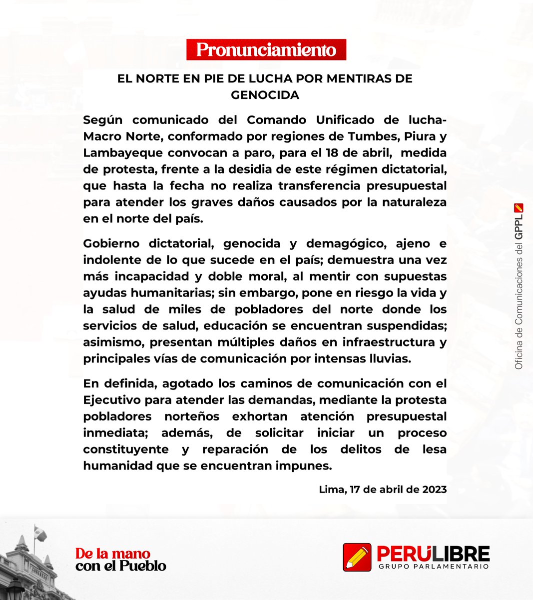 BancadaPLibre's tweet photo. Desde el Grupo Parlamentario Perú Libre consideramos que el ejercicio del derecho a la protesta es legítimo en cuanto responde a reclamos justos por parte de nuestros hermanos del norte del Perú. https://t.co/HnWNHwENVQ
