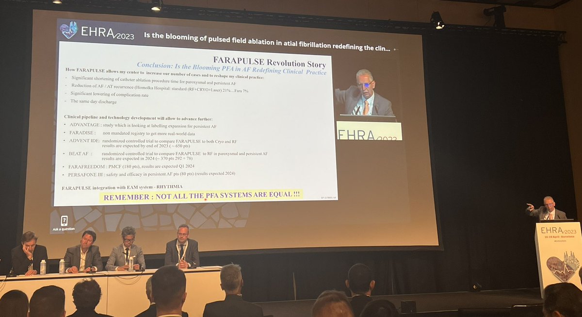 HCEconomist's tweet photo. #Farapulse Revolution Story: significant shortening of catheter ablation procedure time, reduction of AF recurrence and significant lowering of complication rate, Prof. Neuzil concludes. #EHRA2023 #BSCEMEA https://t.co/j6vx0bM5Dk