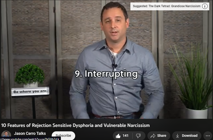 https://www.youtube.com/watch?v=zBJjY203OM0
Rejection Sensitive Dysphoria (a common symptom or an aspect of ADHD) in which someone experiences extreme emotional pain due to feeling shame and experiencing perceived or real rejection. Once the rejection is experienced or conceptualized, this is where the disproportionate response comes in. There can be big, intense, and debilitating responses to the pain. There is a sensitivity to criticism and an overarching fear of failure and not living up to expectations. Intense bouts of rage can occur when their feelings are hurt. Ind with RSD are their own harshest critics, believe that no one likes them, are people pleasers to gain acceptance and approval, avoid harder tasks for fear of failure, and dedicate their time to be a perfectionist. Those with RSD may hide their feelings from others and feel ashamed of their vulnerability, sensitive sides, and emotional dysregulation, which is one of the executive functio