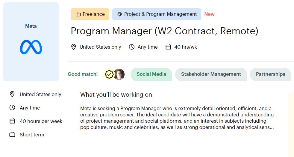 #freelance #meta #hotjob ##work #job #remote #web3 
Program Manager (W2 Contract, Remote) / $100 – $115/hr

#socialmedia
Stakeholder Management
#partnerships
Apply as a Talent Here link, fill all form with u skills or portfolio
lnkd.in/d5DUz5cF
lnkd.in/d5DUz5cF
