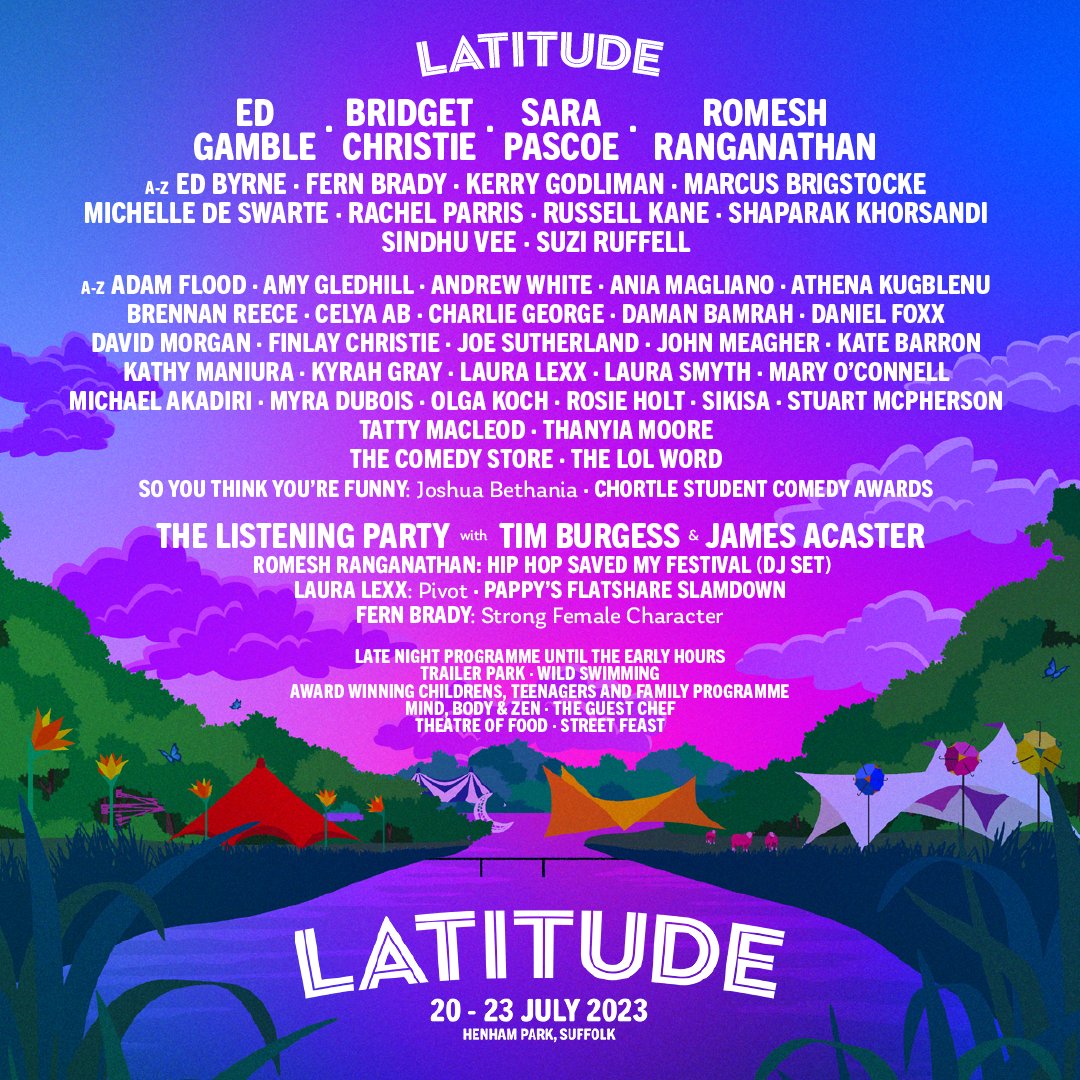 We’re delighted to announce more comedy names heading to Henham Park this summer! @marcusbrig, @rachelparris, @sindhuvfunny, @abcelya, @myradubois, @thisisdavid and more join the line up for Latitude 2023 ☀️

Day and Weekend tickets are on sale now 👉latitudefestival.com/tickets