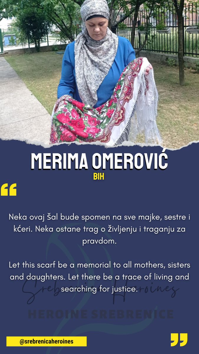 Porukom Merime Omerović započinjemo predstavljanje ovosedmičnih riječi podrške i nade za #MajkeSrebrenice.
-------------------
With the message by Merima Omerović, we begin this week's words of support and hope for #MothersofSrebrenica.  #PCRCBiH #SrebrenicaHeroines #MothersScarf