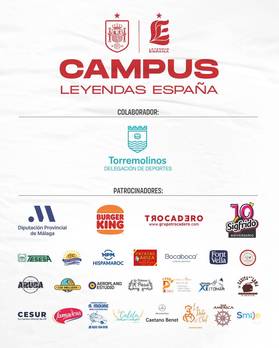 Leyendas España (@leyendasespana) on Twitter photo ⚽🏃𝗖𝗔𝗠𝗣𝗨𝗦 #LeyendasEspaña
¡Diviértete y aprende con históricos de la <a href="/SEFutbol/">Selección Española Masculina de Fútbol</a>!
🏟 Torremolinos (Málaga)
🗓 26-30 junio y 3-7 julio (9 a 14 h)
👦🏻 8 a 16 años
➕INFO E INSCRIPCIÓN:
leyendasespana.com o linktr.ee/leyendasespana
¡PLAZAS LIMITADAS!
#SomosEspaña 🇪🇸 ⚽🏃𝗖𝗔𝗠𝗣𝗨𝗦 #LeyendasEspaña
¡Diviértete y aprende con históricos de la <a href="/SEFutbol/">Selección Española Masculina de Fútbol</a>!
🏟 Torremolinos (Málaga)
🗓 26-30 junio y 3-7 julio (9 a 14 h)
👦🏻 8 a 16 años
➕INFO E INSCRIPCIÓN:
leyendasespana.com o linktr.ee/leyendasespana
¡PLAZAS LIMITADAS!
#SomosEspaña 🇪🇸
