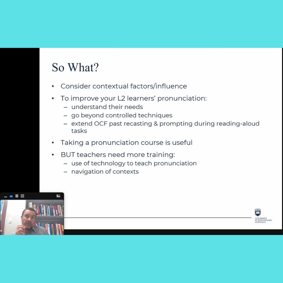 PronSIG's tweet photo. 'We need to observe how context shapes practice.'
Michael Burri shared his insights📊about #pronunciation #teachers' practices, beliefs and knowledge!
He is a Senior #Lecturer in #TESOL ✅and Editor of #English Australia Journal ✅
#IATEFL #PronSIG #TDSIG #PCE2023 https://t.co/84jNJExmxl