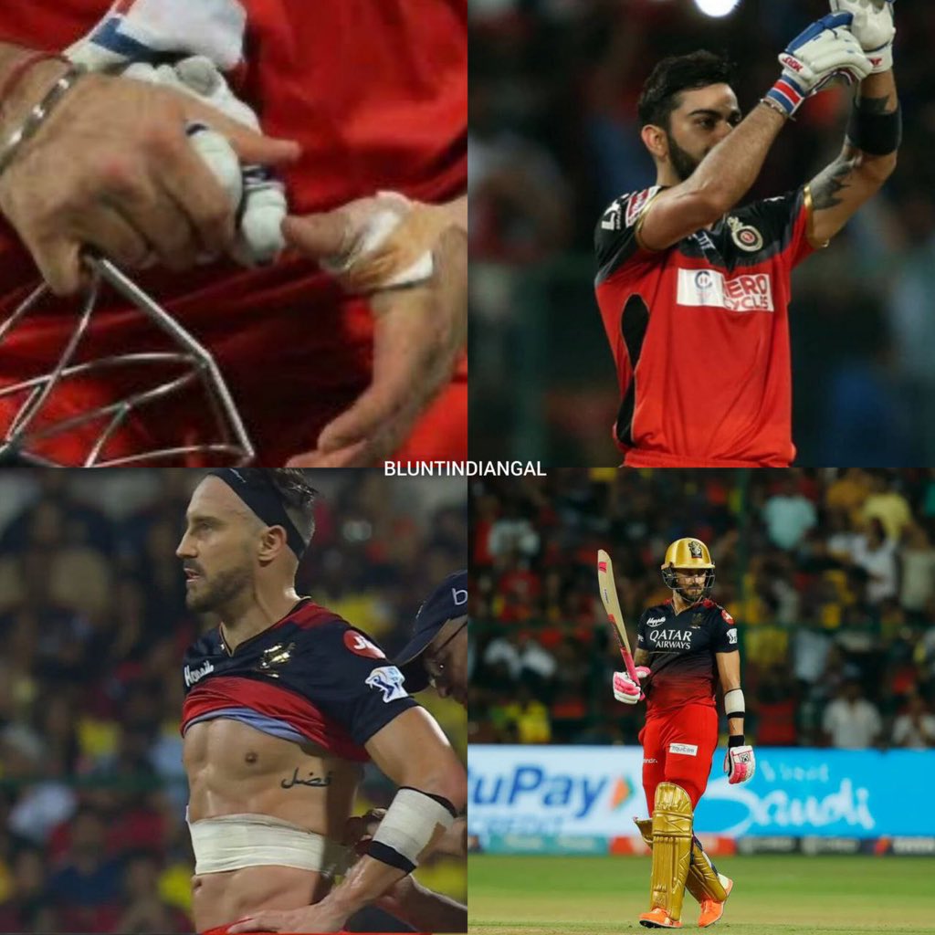 BluntIndianGal's tweet photo. RCB captains and their determination to step up for the team even against all the odds in injuries or pains. @imVkohli x @faf1307 ❤️ Respect. https://t.co/wN9fXJRPzq