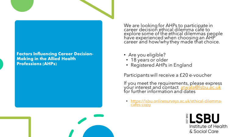 Are you passionate about wicked AHP workforce issues? Want to know more about ethical dilemmas that influence career decisions. Lets try and solve them together. @C_M_AHP_Faculty @westlondonnhs @BOBAHPFaculty @AcademyFrimley @SoRRachelHarris @musictherapyuk @CollegeODP