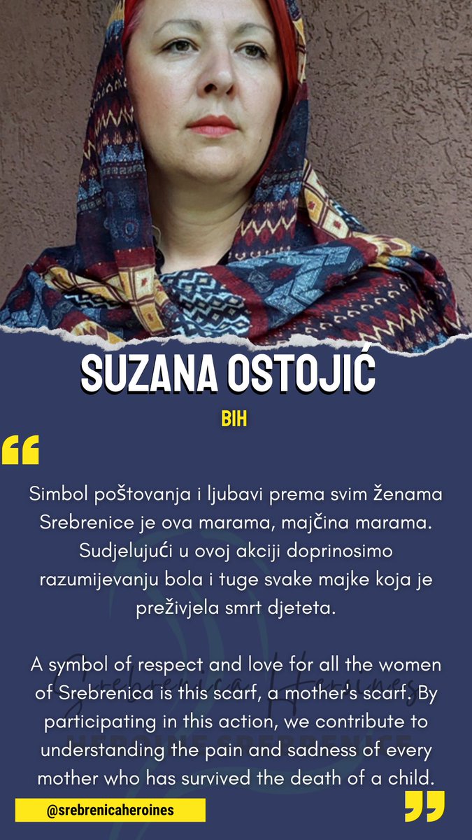 Da je #MajčinaMarama simbol ljubavi i poštovanja prema #MajkeSrebrenice riječi su Suzane Ostojić, Tuzla, BiH.
That a #MothersScarf is a symbol of love and respect paid towards #MothersofSrebrenica are words by Suzana Ostojić, Tuzla, BiH.
#PCRCBiH #SrebrenicaHeroines #MothersScarf