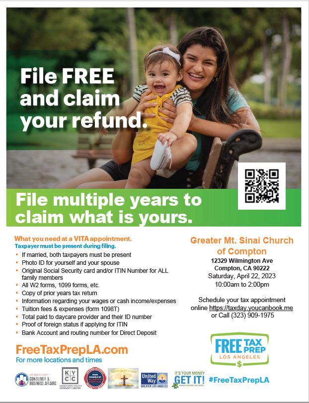 lacoegainorg's tweet photo. Free Tax Prep this Saturday, April 22, in the city of Compton from 10 am to 2 pm📷Limited spots, schedule your appointment https://t.co/aGzr4tpEBz or call (323)909-1975.

#FreeTaxPrepLA https://t.co/iiidqECLWD