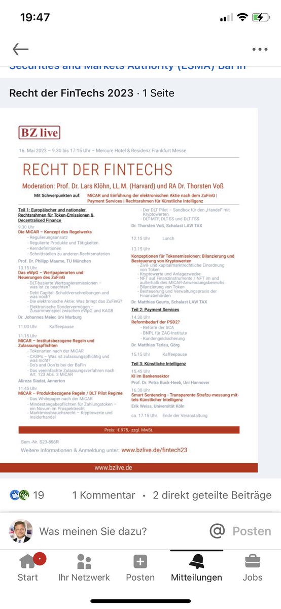 Silberfuchs050's tweet photo. Recht der FinTechs mit Fokus auf #MiCAR und #elektronischenAktien nach #ZuFinG ua mit ⁦@iwan_meier⁩ - das Programm steht 👌💪😊 https://t.co/2QTJa0FUo7