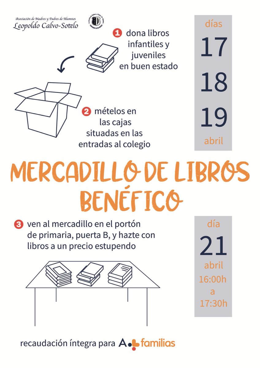 Campaña de recogida de libros usados y mercadillo a beneficio de A+ Familias.

RECOGIDA: 17, 18 y 19 de abril.
MERCADILLO: 21 de abril.