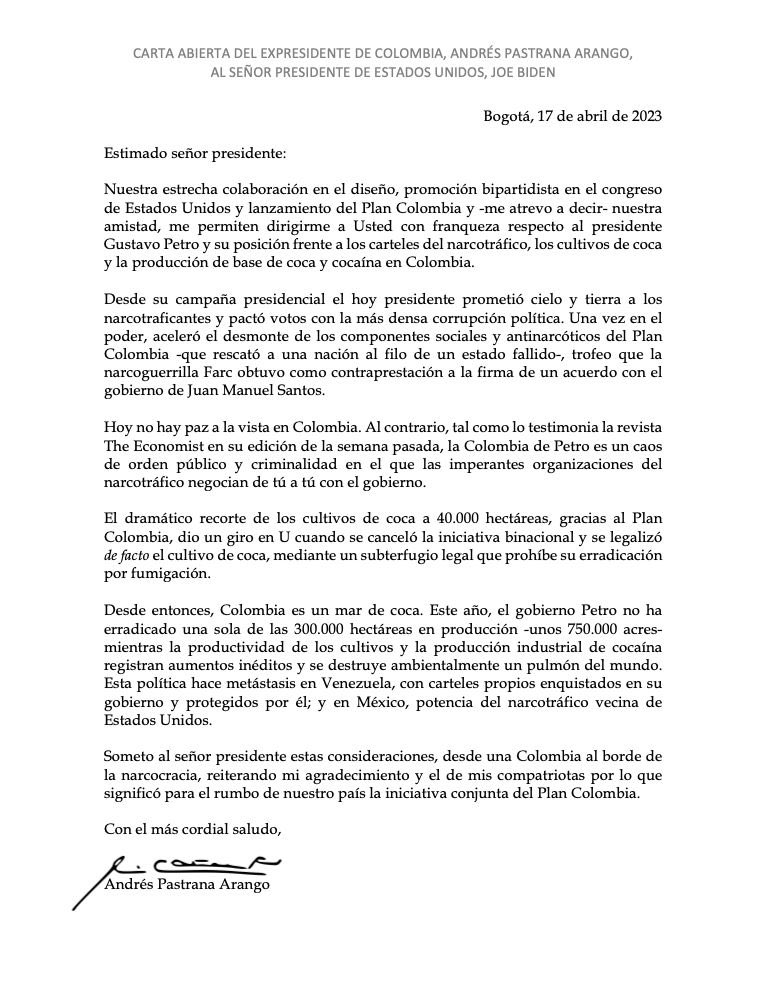 Carta abierta del expresidente de Colombia, Andrés Pastrana Arango, al señor Presidente de los Estados Unidos, Joe R. Biden