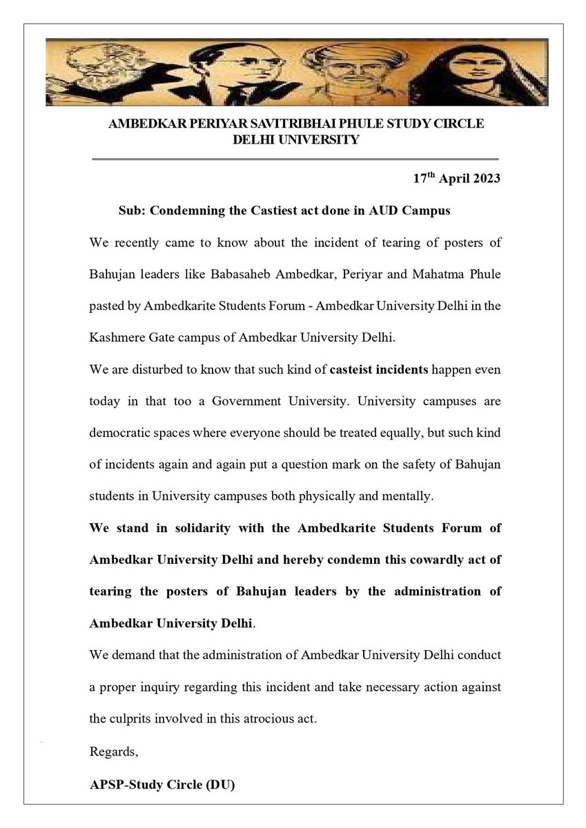 APSP4DU's tweet photo. We stand in solidarity with the @Ambedkarite_aud and condemn this atrocious act and demand the administration take necessary action against this act https://t.co/xyfa7eizqW