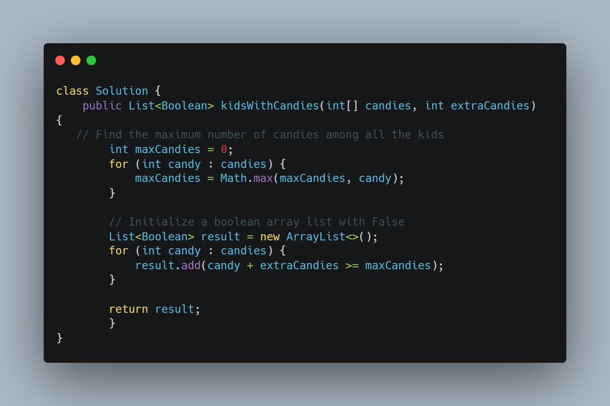 mycode7408's tweet image. Leetcode:
#100DaysOfCode 
1431. Kids With the Greatest Number of Candies
