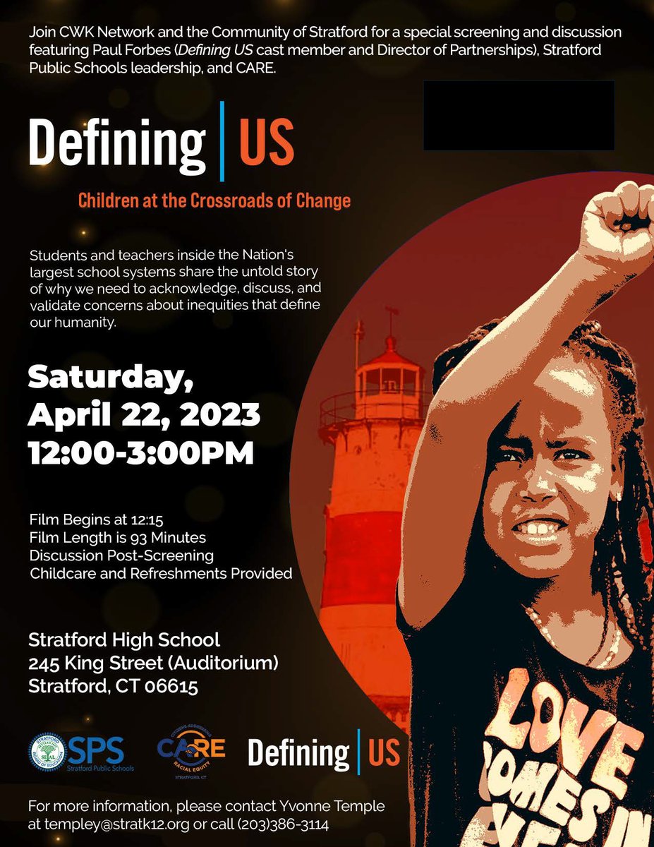 DefiningUs's tweet photo. .@SPS_CT is hosting a #DefiningUS screening this Saturday, April 22 with @PaulForbesNYC on site to facilitate the post screening conversation. ๐#CARE @SPSDIESEL @SuptOsunde See flyer for details. #ConstructiveConversation๐ฝ๏ธ https://t.co/QSy7OoSsUJ