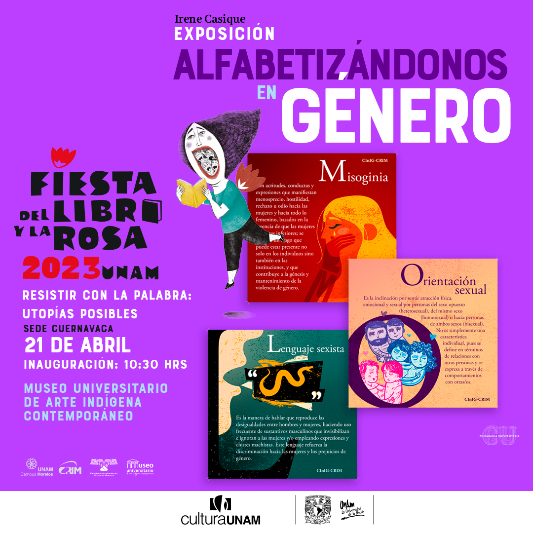 crim_unam's tweet photo. 🤩😱¡También habrá exposiciones!
#Exposición 💜Alfabetizándonos en #género.
🚨Inauguración: 📅viernes ⏰10:30 horas.
📍 Museo Universitario de Arte Indígena Contemporáneo
ENTRADA LIBRE
🥳📖🌹Fiesta del Libro y la Rosa Cuernavaca 2023!!
👉https://t.co/Jl7y3gioPM
 #arte  #cultura https://t.co/6Rm2ShmnMA