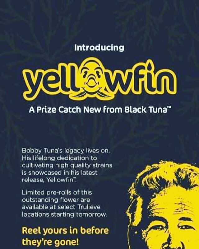 It’s finally HERE! #BobbyTuna’s final gift #Yellowfin is now available at select Florida @Trulieve stores! Check the website to #KnowBeforeYouGo or just go to stock up on a glorious catch of #BlackTuna & #Bluefin products! #CatchALegend & Reel It In Before It’s Gone! 🎣🐟😎🎣🐟