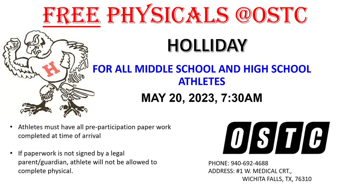 Holliday parents with kids in middle school and high school athletics or incoming 6th graders joining athletics next year. Please take advantage of this FREE physical from OSTC. GET ‘ER DONE 💪🏼 #HERO <a href="/HollidayISD/">Holliday ISD</a> <a href="/HERO_Athletics1/">Holliday Athletics</a> <a href="/HollidayEagles/">Holliday High School</a> <a href="/EAGLESatHMS/">Holliday MS</a>