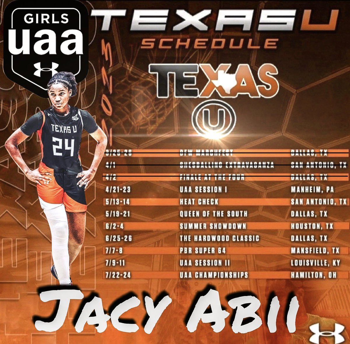 JacyAbii's tweet photo. It’s here! Our 1st stop begins this Friday AM. Schedule is in the thread. #BlessToPlay #WorkToDo @TXUBasketball @TexasUElite https://t.co/kmDsVsz4LG