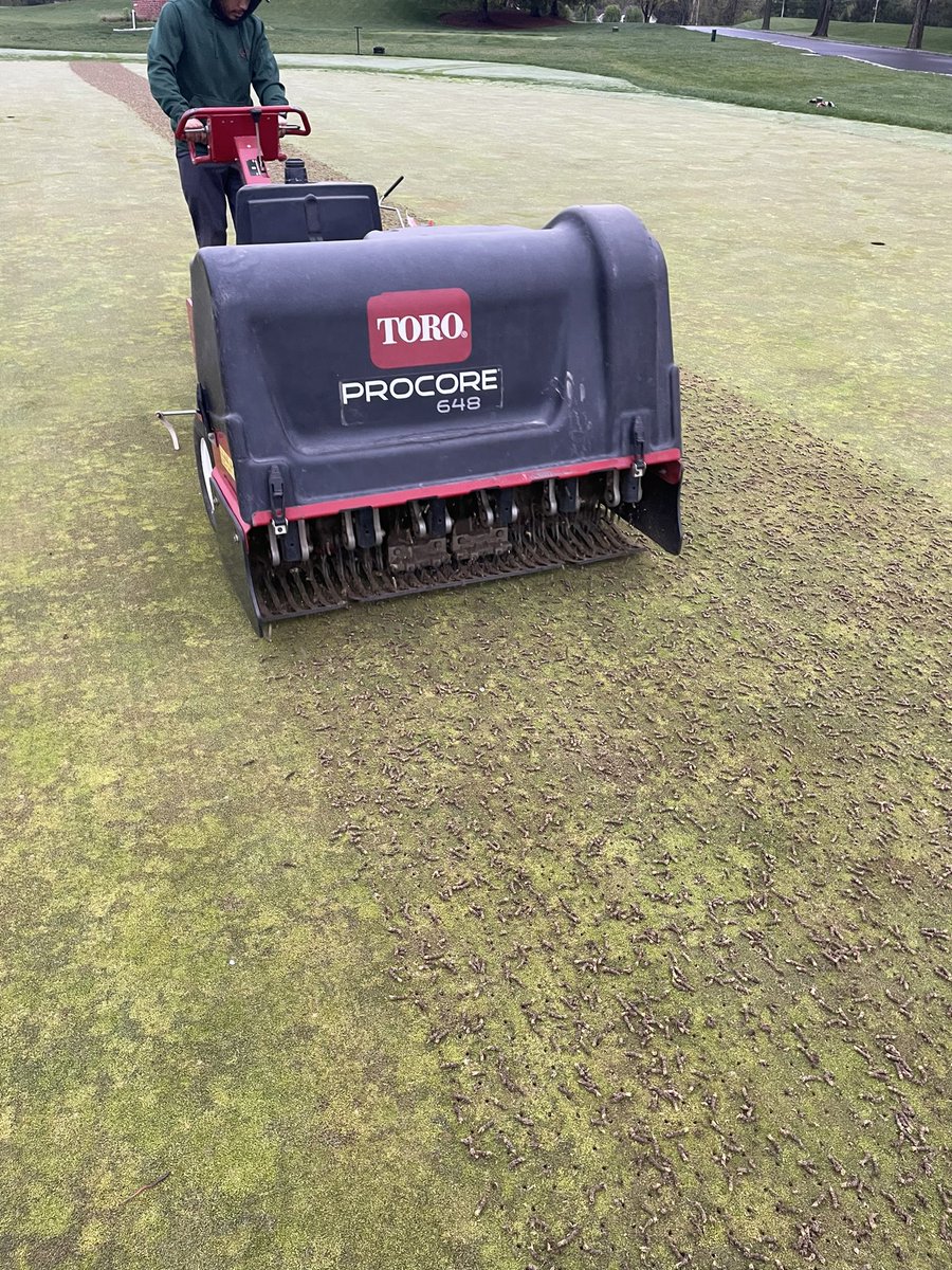 cschellerturf's tweet image. 1 of 5 ninja tine aerification on greens for 2023…. Double row on quad tine setup…. 3” setting done by 12:30