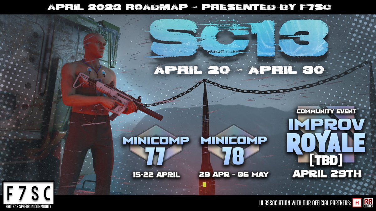 Our April Roadmap - main event will be Speedrun Competition 13 😎, Mini Comp 77 is going on rn in the discord, Mini Comp 78 will start at the end of the month &amp; stay tuned for our community event 🔫 Improv Royale 👑 hosted by Meme Junkie - GLHF!! #hitman #speedrun #sc13 #f7sc
