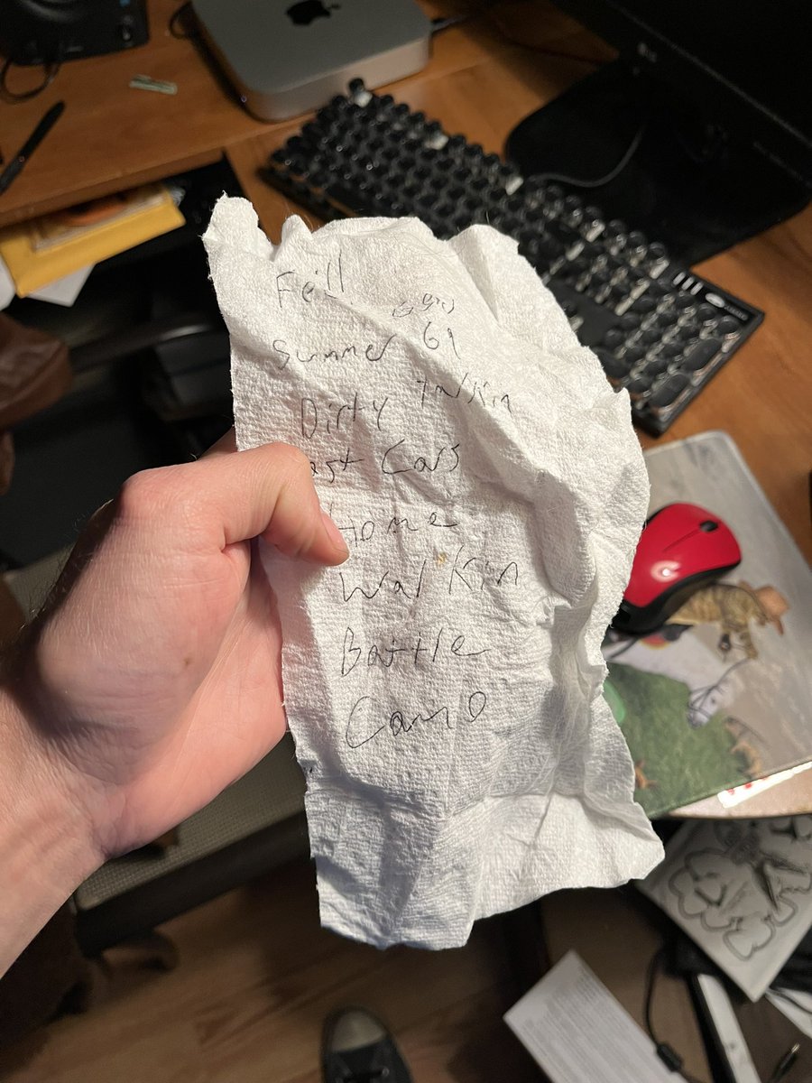 ShaneScarazzini's tweet photo. Found the setlist that I panic-scribbled on a paper towel 30 seconds before the 3 Doors Down show because I forgot to print my setlist https://t.co/LeMnIJvqDn