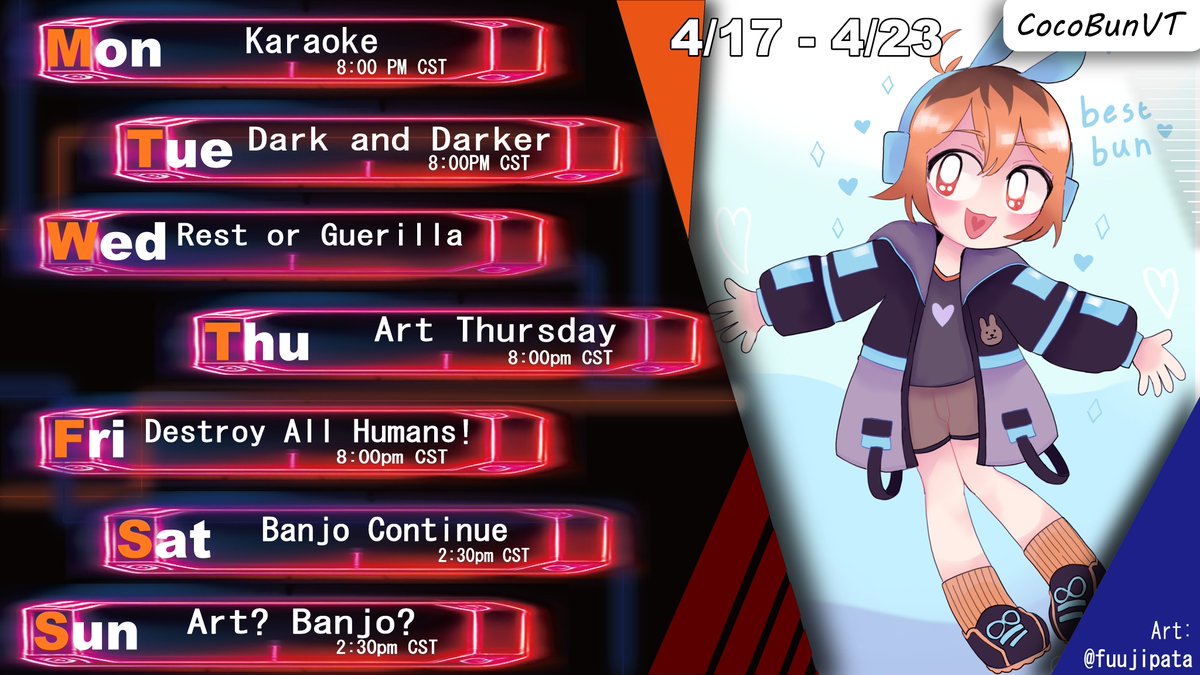 CocobunVT's tweet photo. Schedule drop!! Wuaaa lots line up for this week with karaoke and some new games to check out!

🧙Dark and Darker
👽Destory All Human!
🐻More Banjo

🎨@/fuujipata
#CocoisLive https://t.co/FkVAGUeCPr