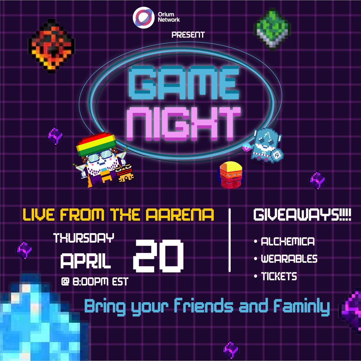 OriumNetwork's tweet photo. 🚨👻 We're launching #OriumGameNight

We'll be hopping into the @aavegotchi Aarena to drop some alchemica Thursday April 20th, 2023 at 8pm EST

Be sure to join us in the @OriumNetwork Discord where we will host this epic event

Prizes will be up for grabs 👀 https://t.co/CCX4340JAE