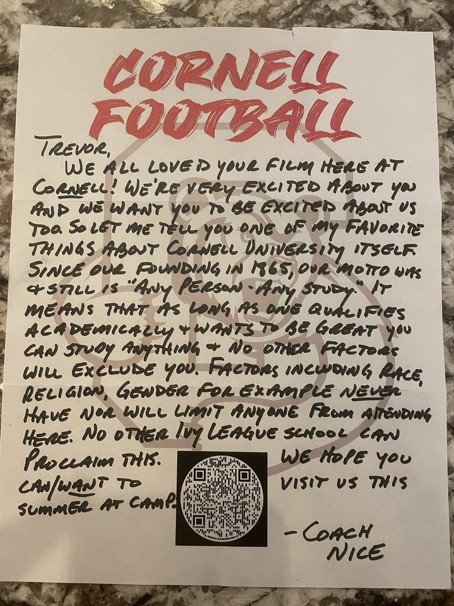thank you <a href="/BigRed_Football/">Cornell Football</a> for the camp invite