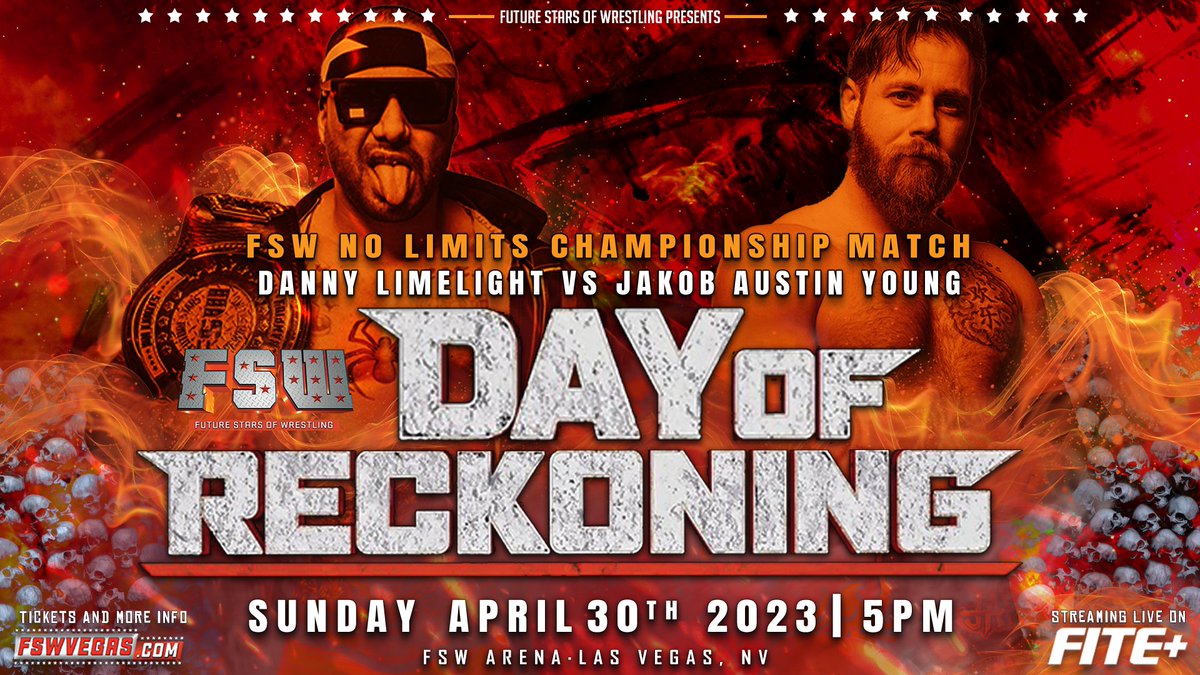 FSWVegas's tweet image. FSW Day of Reckoning on Sunday April 30 streaming LIVE on @FiteTV+! 

-FSW Championship/NHB: @IceWillliams vs @niczanderyb 
-Tag Team: #LightsCameraFaction vs #WCWC
-No Limits: @DannyLimeLight vs @SuperJAYcup 
-@TheJaiVidal vs @mattvanda209 

Tickets: FSWvegas.com