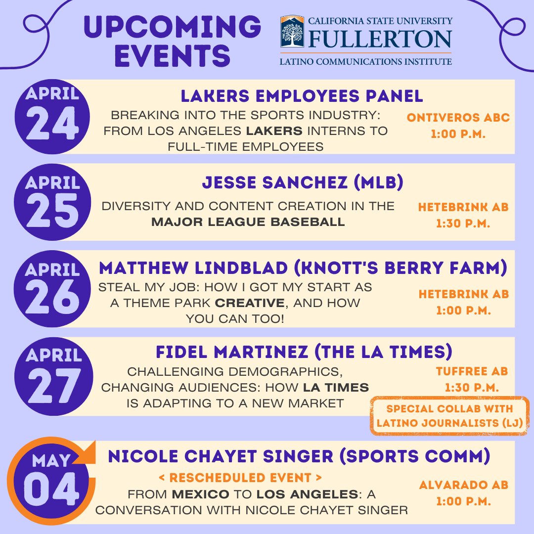 Hi, LCs! 

We have some AMAZING panels coming at you!

Feat. a special collab with <a href="/latjournoscsuf/">Latino Journalists of CSUF</a> to host The LA Times’ <a href="/fidmart85/">Fidel Martinez</a>!!👏

Plus, <a href="/NicoleChayet/">Nicole Chayet Singer</a> will be here! We’ll host a reception with Nicole right after the event!! 😁

More details TBA! So keep an eye out!!👀