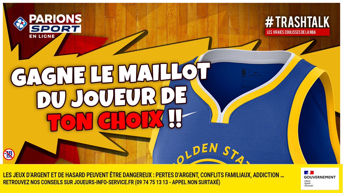 🎁 JEU-CONCOURS ! 🎁 

Pendant les Playoffs, TrashTalk et ParionsSport te font gagner 1 maillot différent CHAQUE LUNDI ! 😱

🚨 GAGNE LE MAILLOT DU JOUEUR DE TON CHOIX DE GOLDEN STATE ! 🚨

Pour participer :
1⃣ RT CE TWEET
2⃣ FOLLOW 
<a href="/TrashTalk_fr/">TrashTalk</a> ET @ParionsSport 

(TAS LE 24/4)