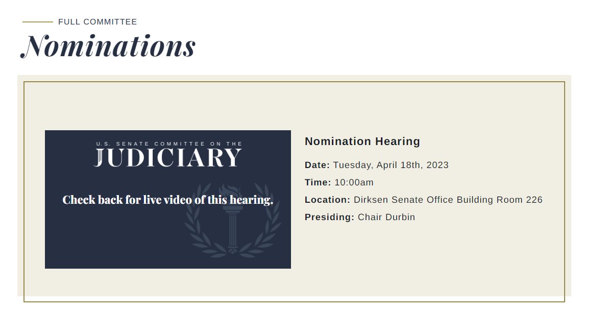 In other #SenJudiciary news, a noms hearing has been scheduled for tomorrow AM but list of noms is not yet available.

 judiciary.senate.gov/committee-acti…