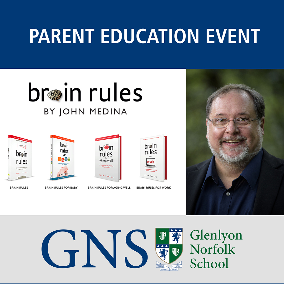 glenlyonnorfolk's tweet photo. We are pleased to present an evening with Dr. John Medina the bestselling author of "Brain Rules" on May 18 in the GNS Denford Hall theatre from 6:30 to 8:00 p.m. Tickets are available online for $15: https://t.co/SqN5qmMWoq https://t.co/oafdDuP7g5