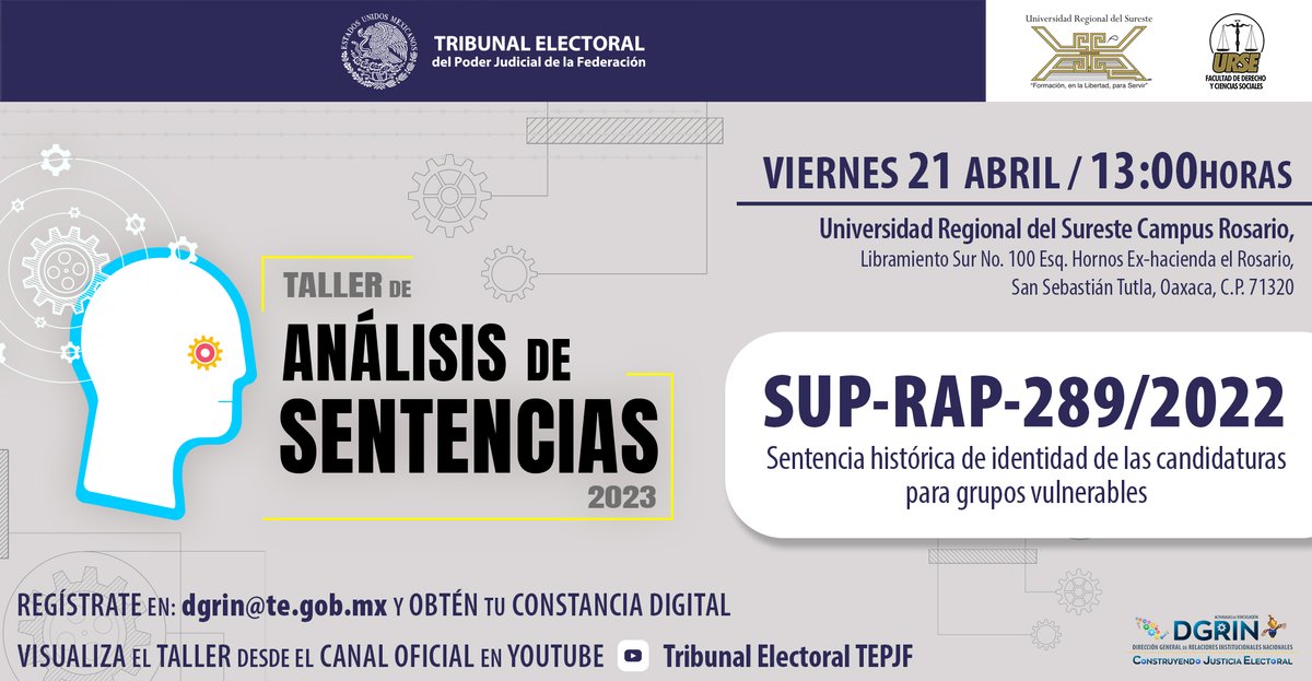 TEPJF_informa's tweet photo. 🔷Te invitamos a participar en el Taller de Análisis de Sentencias.

🗓️21 de abril, ⏰13 h.

📧Regístrate enviando un correo a: dgrin@te.gob.mx

▶️Vía YouTube: https://t.co/dtllY21OUD https://t.co/qv6nwz23p7