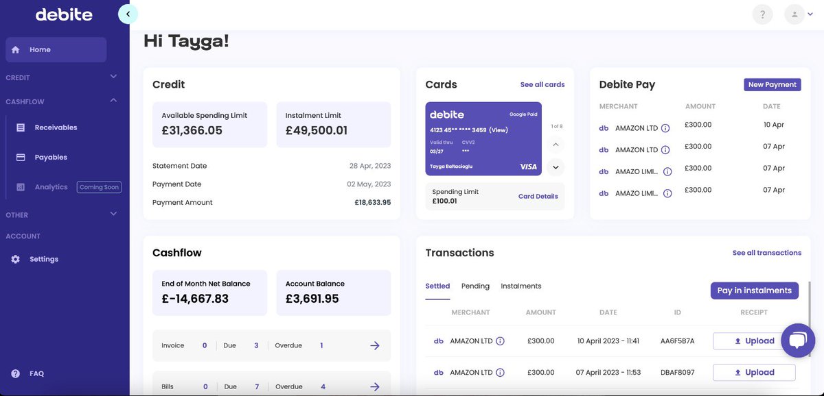 TBaltacioglu's tweet photo. Last few days before launching debite 2.0🚀

We built a financial control centre that combines receivables and payables with a simple credit solution!

More simplicity, more control, more liquidity💜 https://t.co/uDBCHktY3i