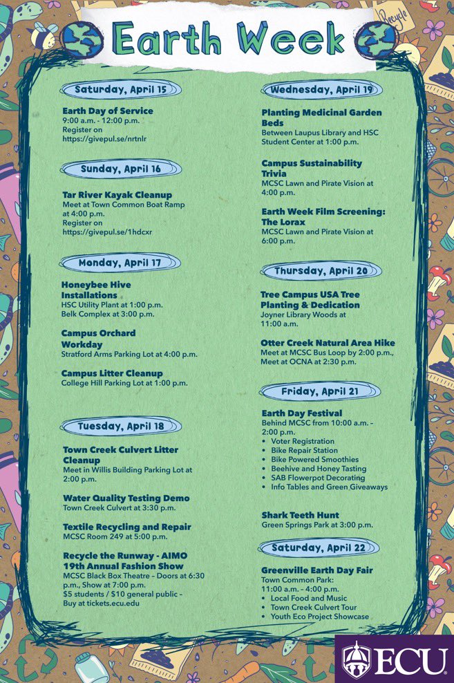 Earth week is in full swing! Check out the events that ECU is hosting to support sustainability around campus! #EarthWeek #NoConfetti