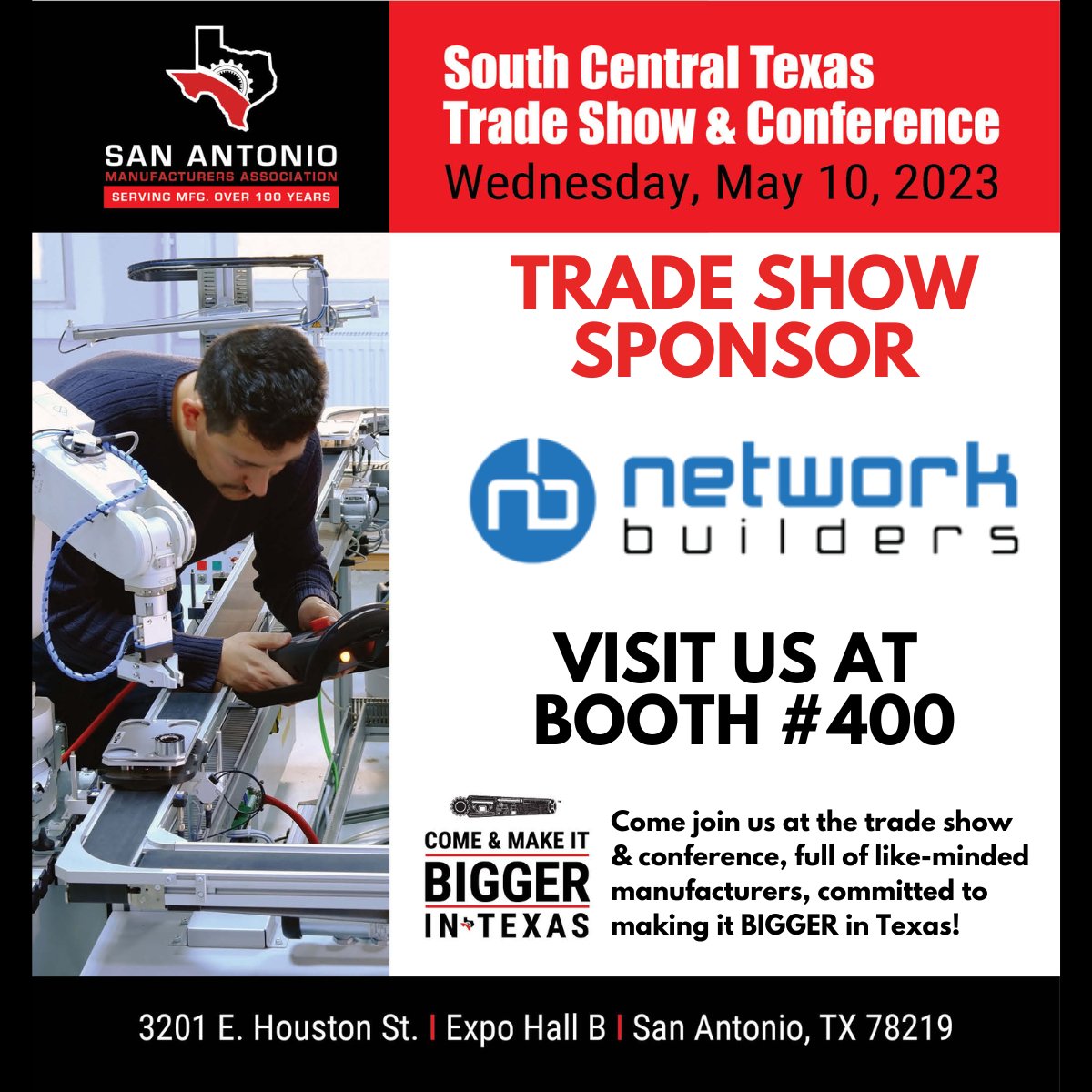 NBITtweet's tweet photo. Network Builders IT will be at the 22nd Annual South-Central Texas Manufacturing Trade Show &amp; Conference in San Antonio! Come visit us at booth #400 and enter to win a free Cybersecurity assessment! Click here to learn more and register to attend the show: https://t.co/DOKSvycAB6 https://t.co/9q28aSEXOS