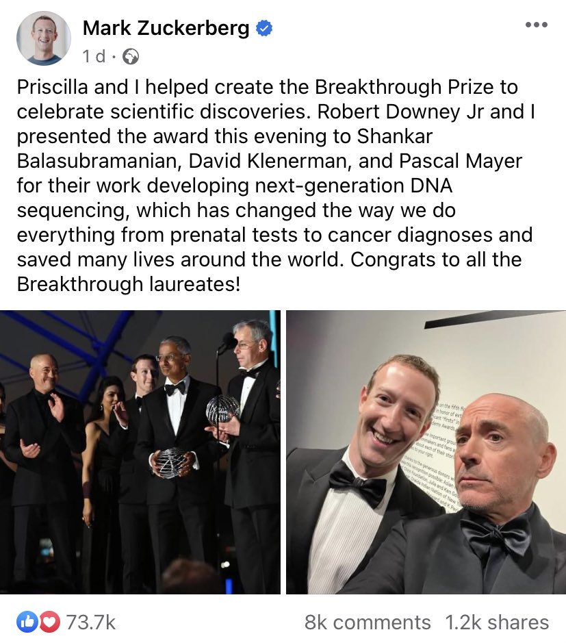 KlenermanLab (@klenermanlab) on Twitter photo Joining scientists & celebs at the ‘Oscars of Science’ in Hollywood ✨
For his contributions to next-generation DNA sequencing development, David Klenerman was presented the Breakthrough Prize in Life Sciences by Mark Zuckerberg & <a href="/RobertDowneyJr/">Robert Downey Jr</a> 🧬
➡️ breakthroughprize.org/News/79 Joining scientists & celebs at the ‘Oscars of Science’ in Hollywood ✨
For his contributions to next-generation DNA sequencing development, David Klenerman was presented the Breakthrough Prize in Life Sciences by Mark Zuckerberg & <a href="/RobertDowneyJr/">Robert Downey Jr</a> 🧬
➡️ breakthroughprize.org/News/79